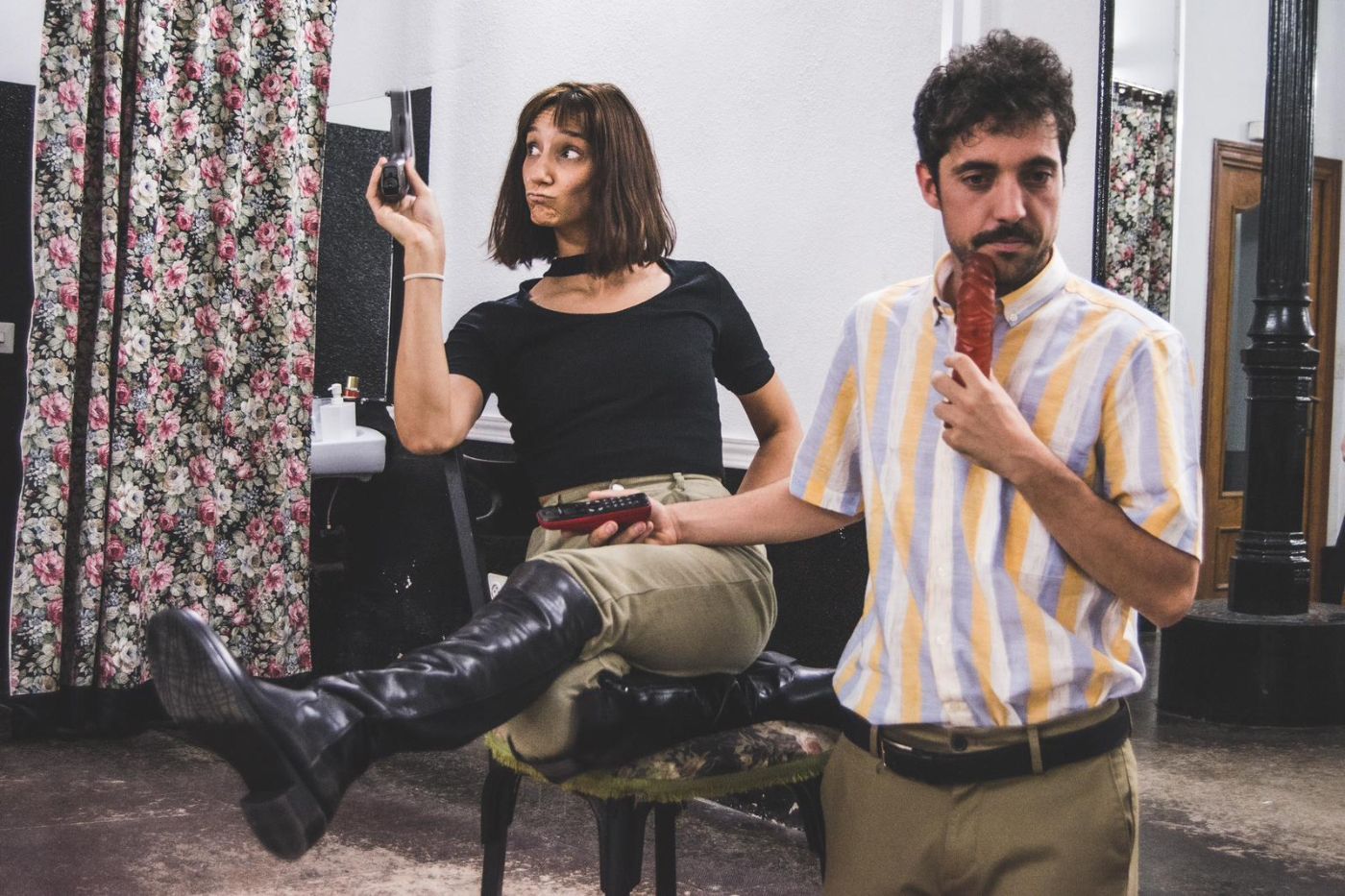 Emilia acting in a theatre rehearsal